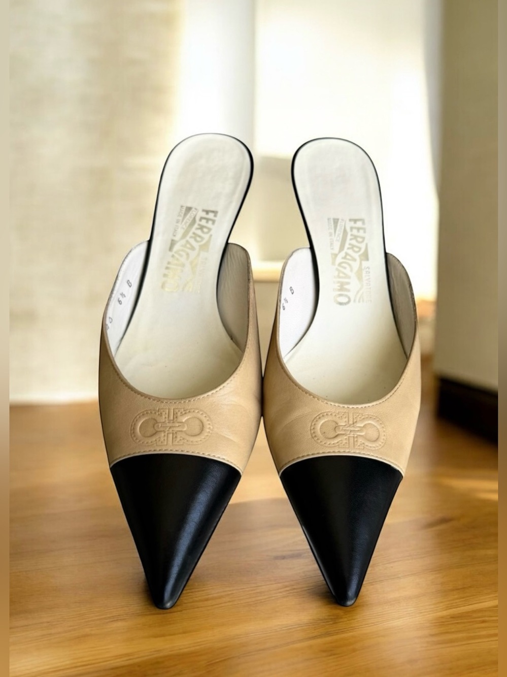 Salvatore Ferragamo Cap Toe Mules Sandals Kitten Heel